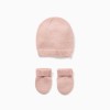 Knitted beanie + mittens set for newborn girls, light pink