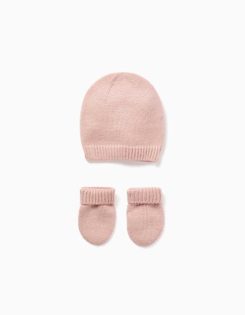 Knitted beanie + mittens set for newborn girls, light pink