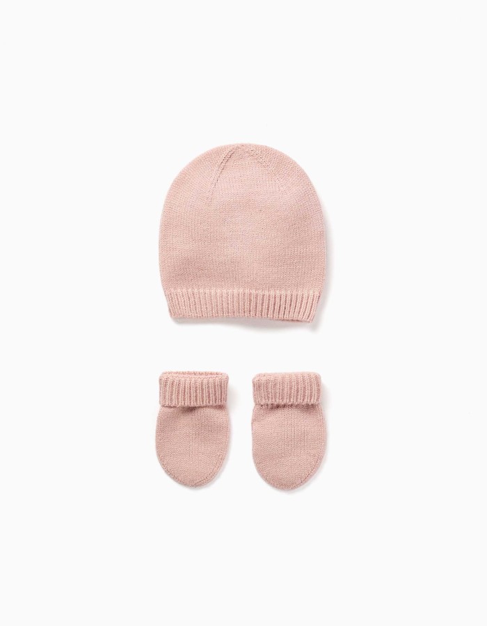 Knitted beanie + mittens set for newborn girls, light pink