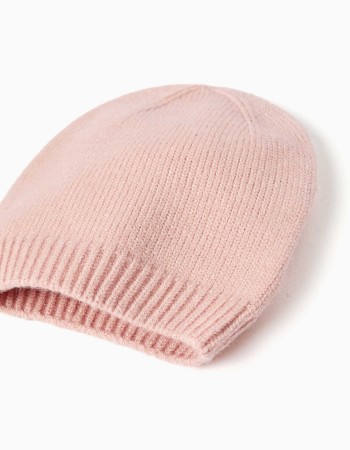 Knitted beanie + mittens set for newborn girls, light pink