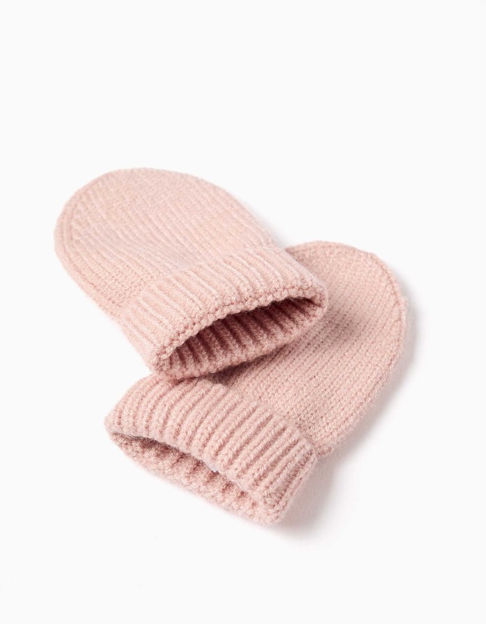Knitted beanie + mittens set for newborn girls, light pink