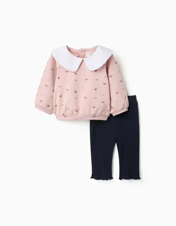 Brushed sweatshirt and leggings set for newborn girls, pink/navy blue