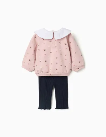 Brushed sweatshirt and leggings set for newborn girls, pink/navy blue