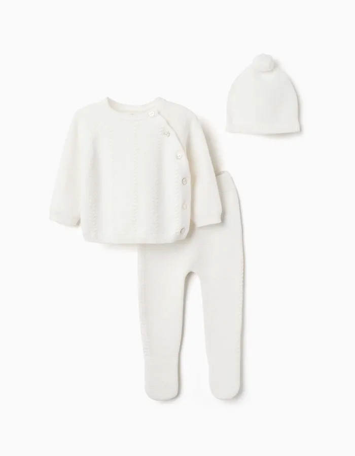 3-piece knitted cotton set for newborns, white