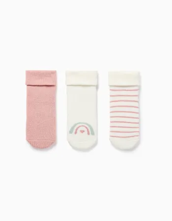 3 pairs socks with terry lining for newborn and baby girls, white/pink