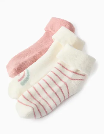 3 pairs socks with terry lining for newborn and baby girls, white/pink
