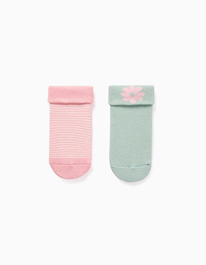 Pack of 2 non-slip terry socks for baby girls, light green/pink