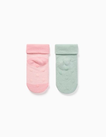 Pack of 2 non-slip terry socks for baby girls, light green/pink