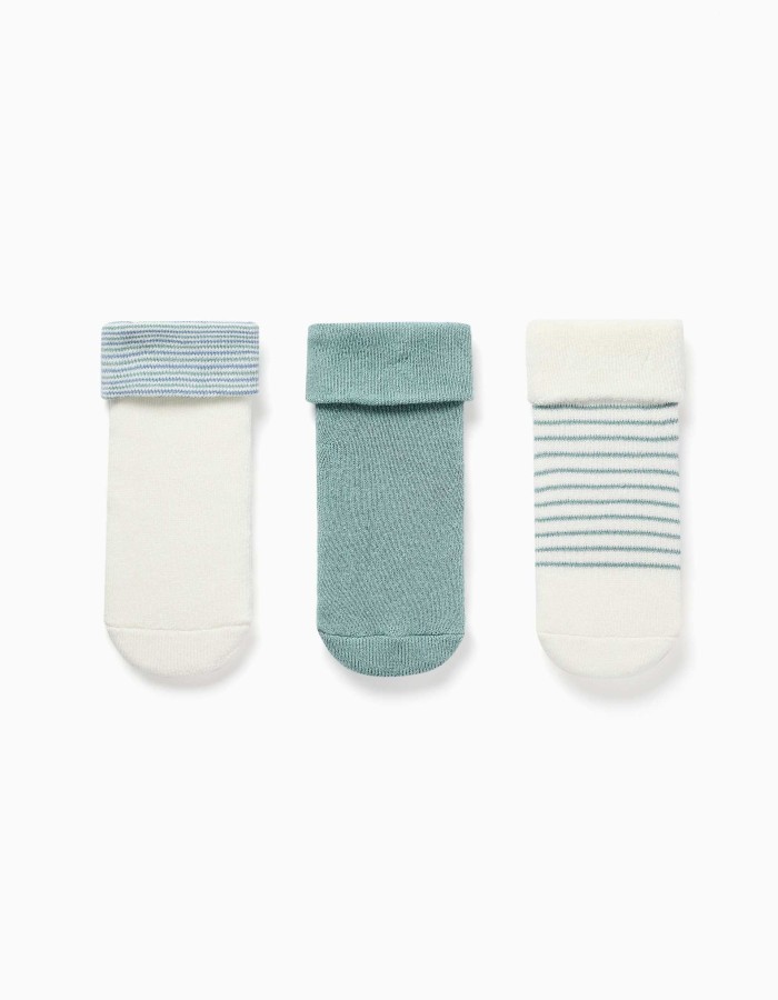 Pack of 3 plain and striped terry socks for newborns, white/green/blue