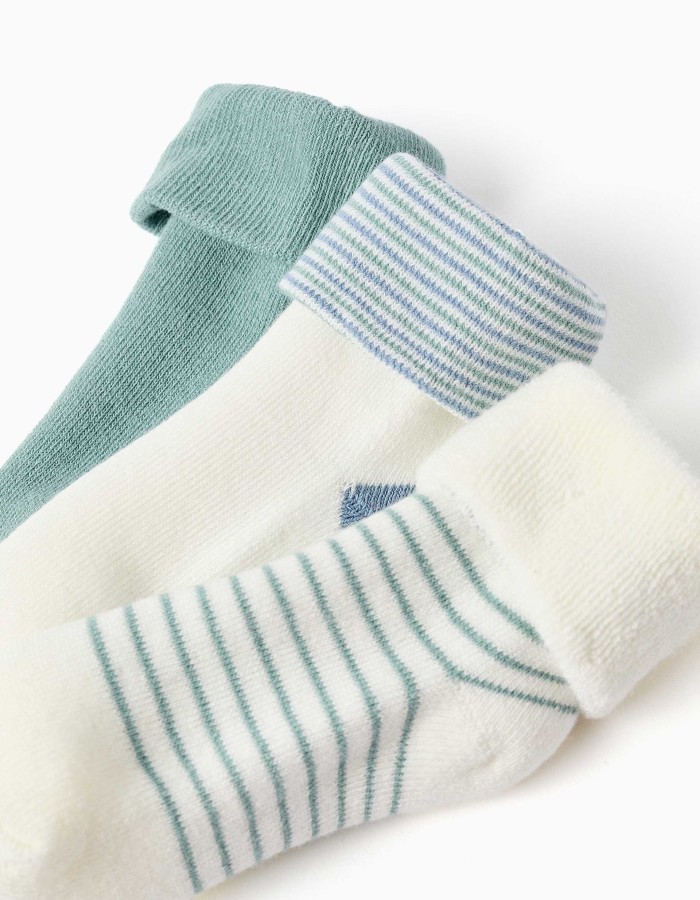 Pack of 3 plain and striped terry socks for newborns, white/green/blue