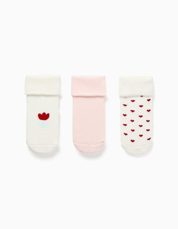 3 terry socks with hearts and flowers for newborn girls, white/pink