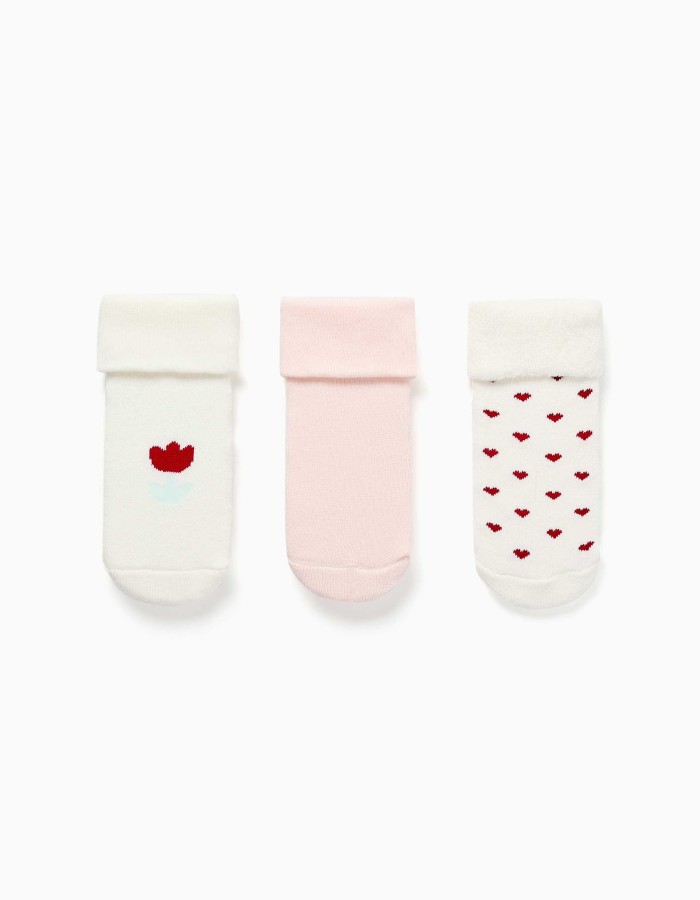 3 terry socks with hearts and flowers for newborn girls, white/pink