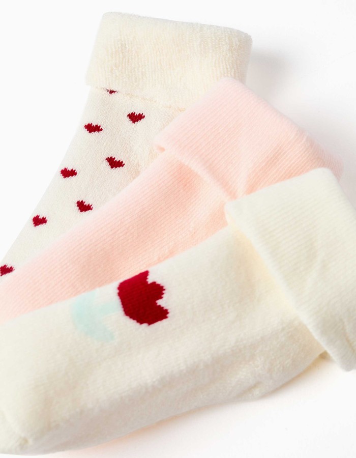 3 terry socks with hearts and flowers for newborn girls, white/pink