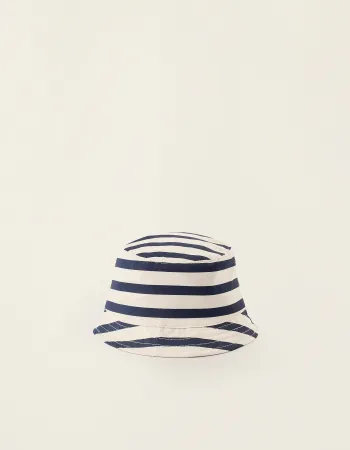 Striped Twill Hat with Side Straps for Newborns and Babies, Beige/Blue