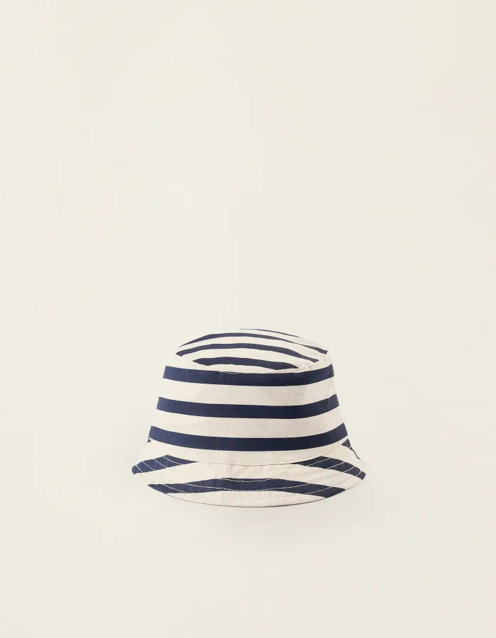 Striped Twill Hat with Side Straps for Newborns and Babies, Beige/Blue