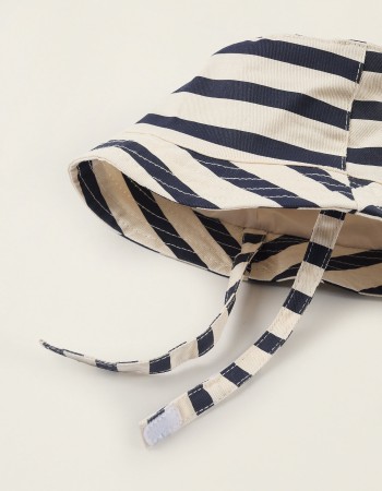 Striped Twill Hat with Side Straps for Newborns and Babies, Beige/Blue