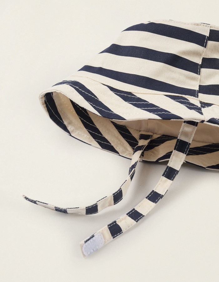 Striped Twill Hat with Side Straps for Newborns and Babies, Beige/Blue