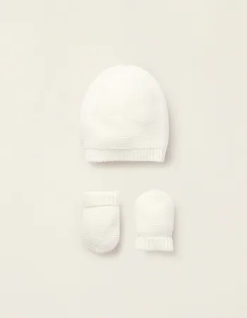 Knit Set Beanie + Gloves for Newborns, White