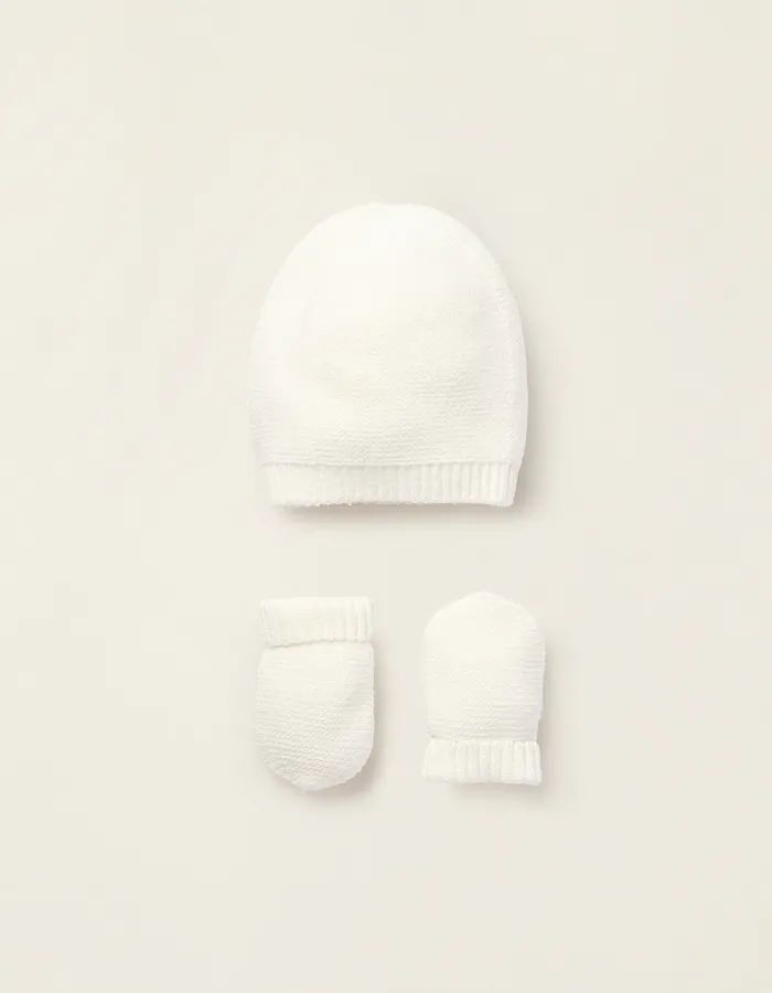 Knit Set Beanie + Gloves for Newborns, White