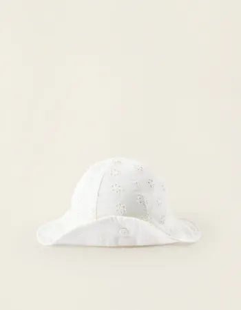 Cotton sun hat with broderie anglaise for newborn girls, white