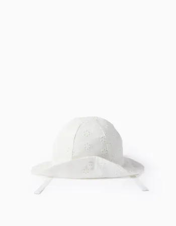Cotton sun hat with broderie anglaise for newborn girls, white