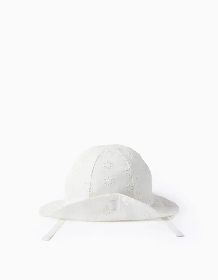 Cotton sun hat with broderie anglaise for newborn girls, white