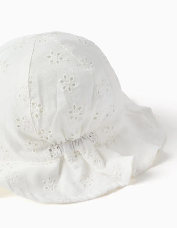 Cotton sun hat with broderie anglaise for newborn girls, white