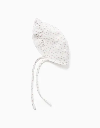Cotton bonnet with floral motif and straps for newborn girls, white