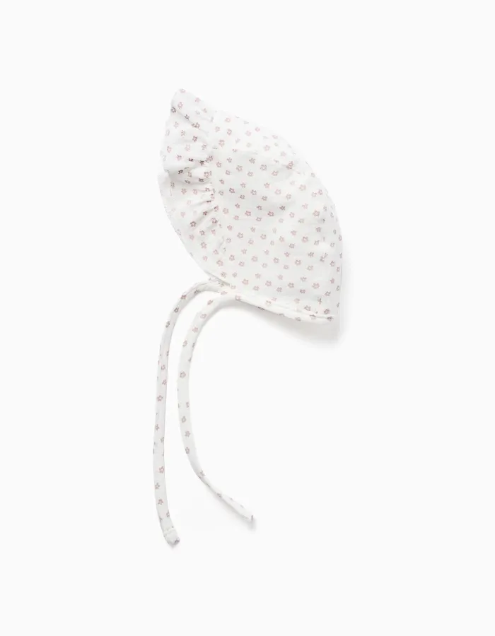 Cotton bonnet with floral motif and straps for newborn girls, white