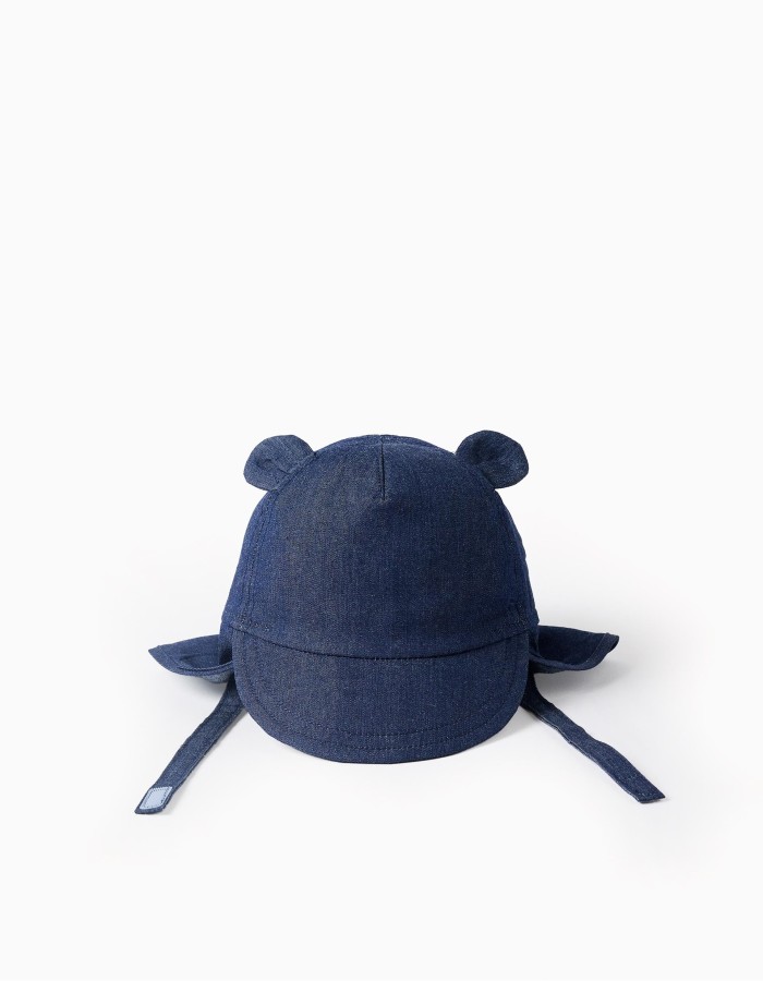 Cotton denim legionnaire hat with 3D ears for newborn boys, dark blue