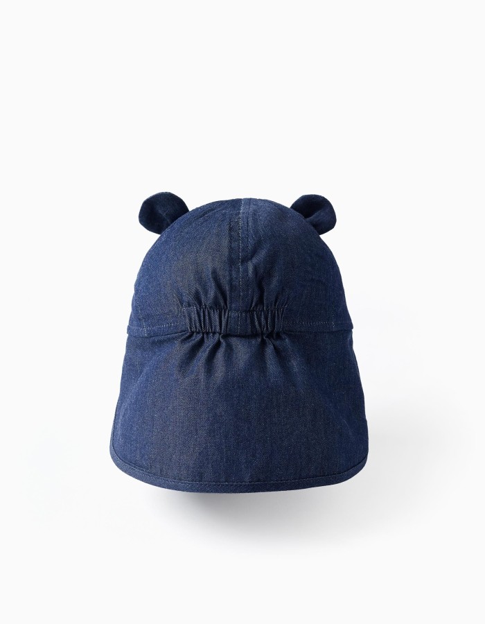 Cotton denim legionnaire hat with 3D ears for newborn boys, dark blue