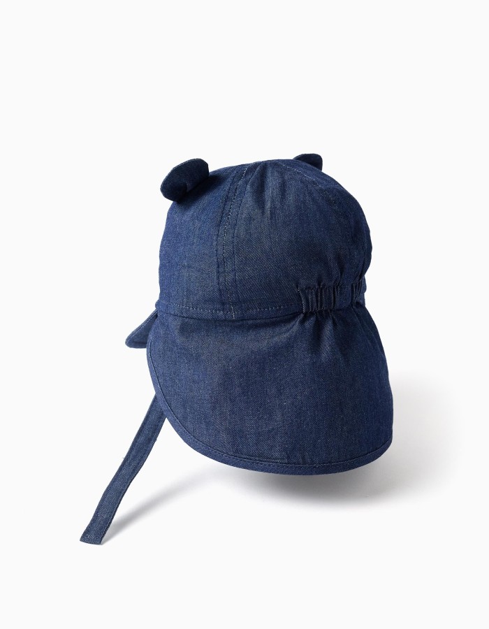 Cotton denim legionnaire hat with 3D ears for newborn boys, dark blue