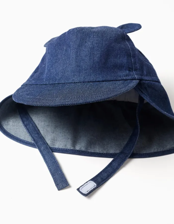 Cotton denim legionnaire hat with 3D ears for newborn boys, dark blue