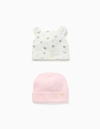 Pack of 2 cotton beanies with Minnie motif for newborn girls, pink/white