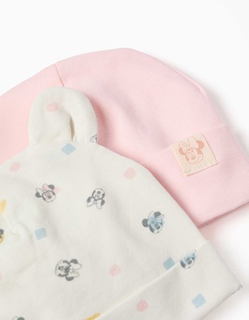 Pack of 2 cotton beanies with Minnie motif for newborn girls, pink/white