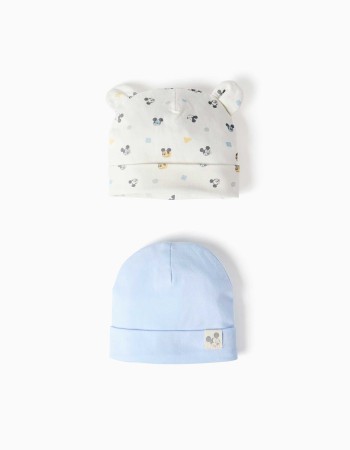 Pack of 2 cotton beanies with Mickey motif for newborn boys, blue/white