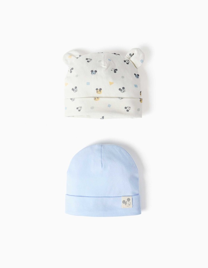 Pack of 2 cotton beanies with Mickey motif for newborn boys, blue/white