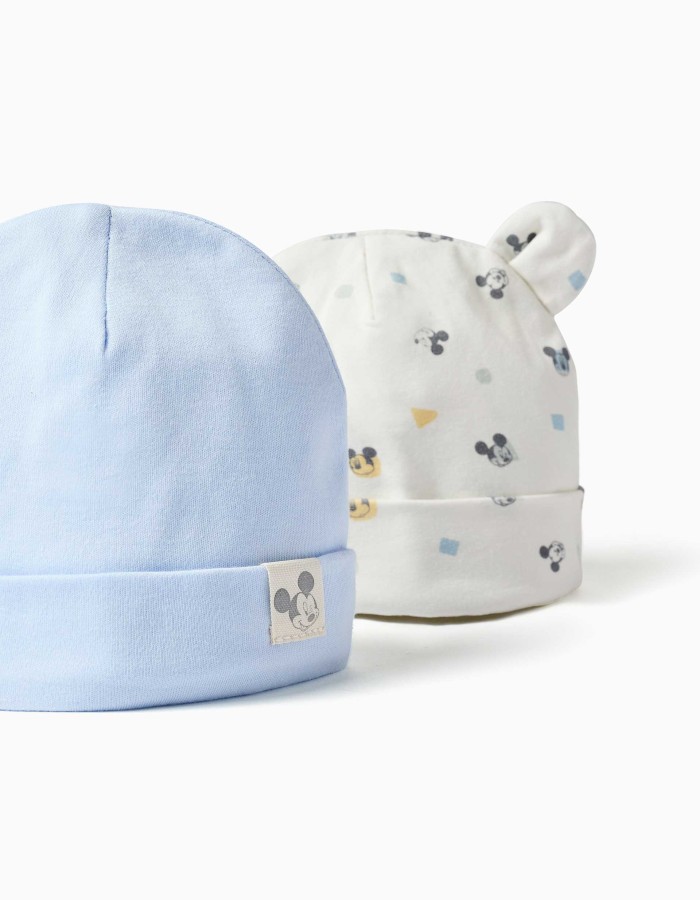 Pack of 2 cotton beanies with Mickey motif for newborn boys, blue/white