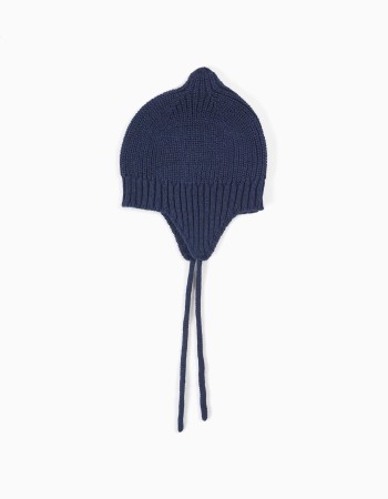 Knitted beanie with side straps for newborn boys, navy blue