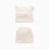 Pack of 2 plain/striped beanies for newborns, white/light beige