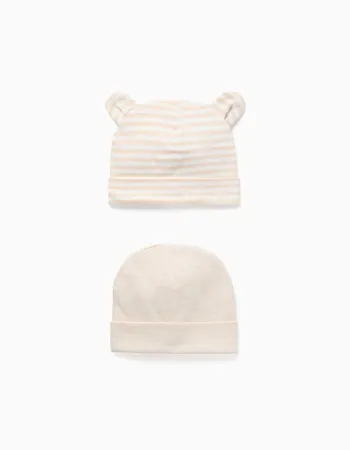 Pack of 2 plain/striped beanies for newborns, white/light beige