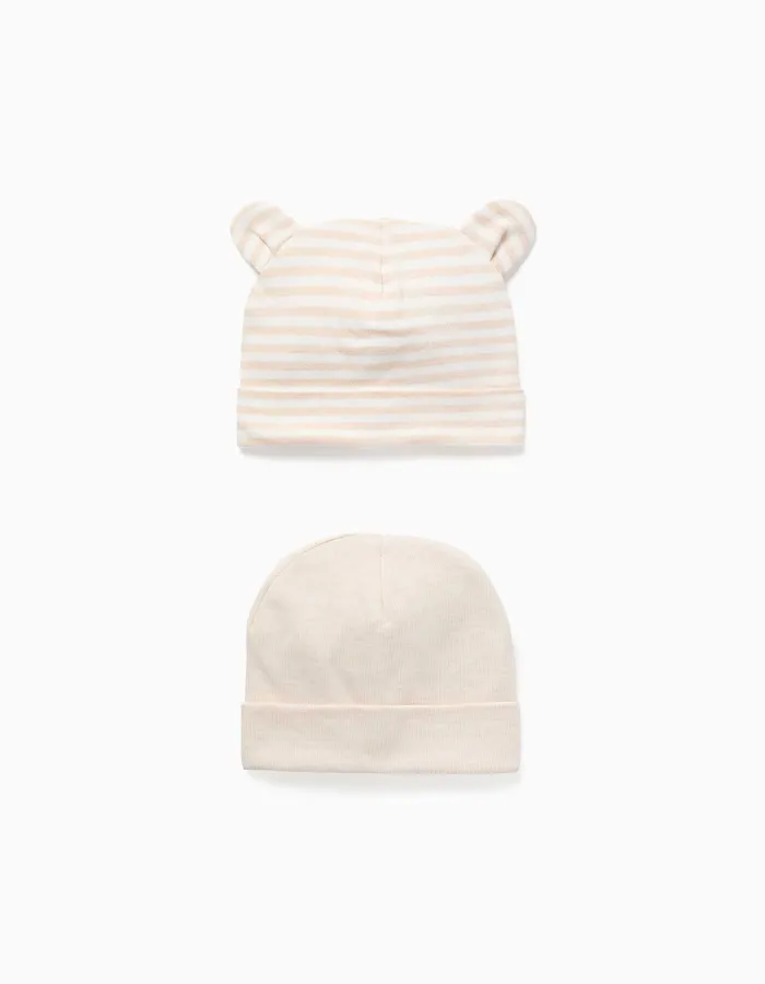 Pack of 2 plain/striped beanies for newborns, white/light beige