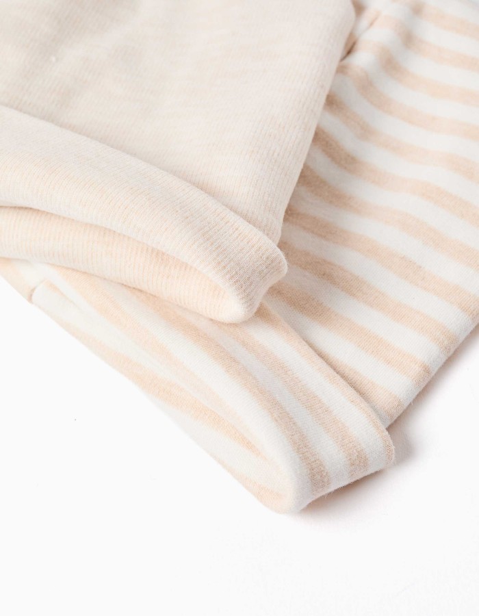 Pack of 2 plain/striped beanies for newborns, white/light beige