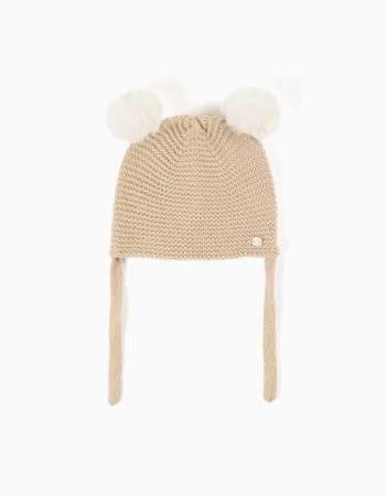 Knitted beanie with pompons and straps for newborns, beige/white