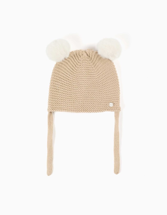 Knitted beanie with pompons and straps for newborns, beige/white