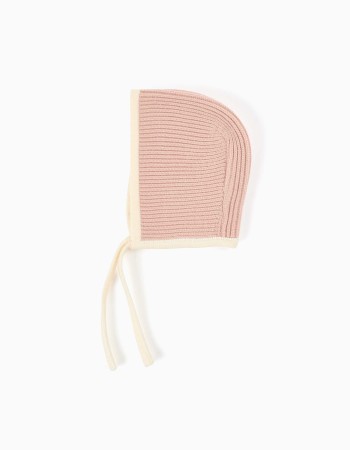 Ribbed knit cap with straps for newborn, pink/white