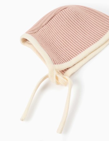 Ribbed knit cap with straps for newborn, pink/white
