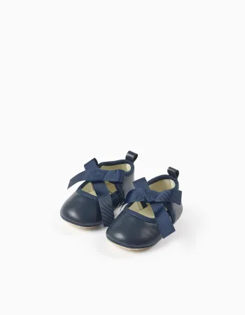 Satin Bow Ballerina Flats for Newborn Girls, Dark Blue
