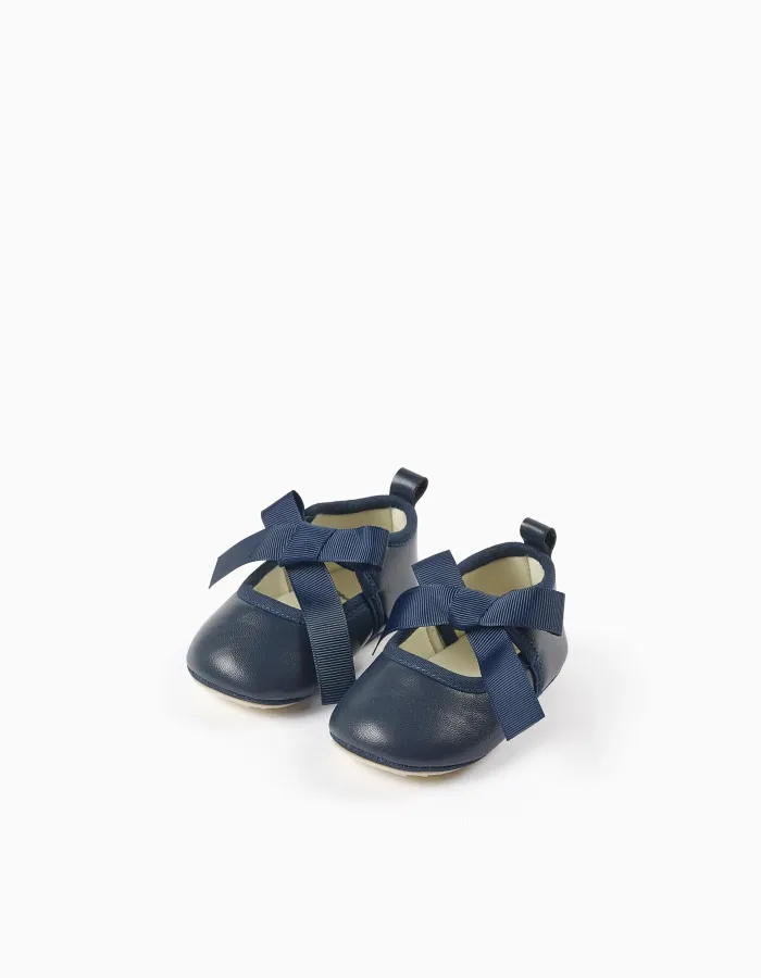 Satin Bow Ballerina Flats for Newborn Girls, Dark Blue