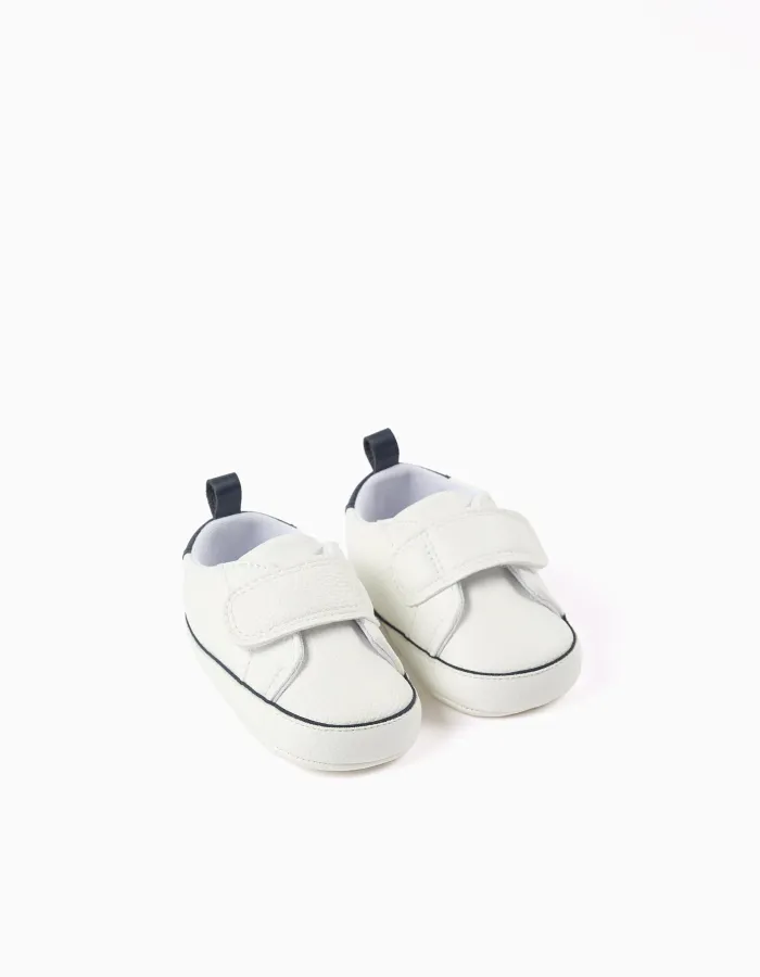 Synthetic Leather Trainers for Newborn Boys, White/Dark Blue